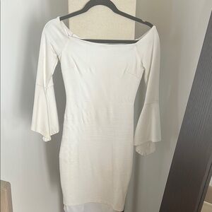 Lulu's White Off-Shoulder Sheath Dress with Bell Sleeves